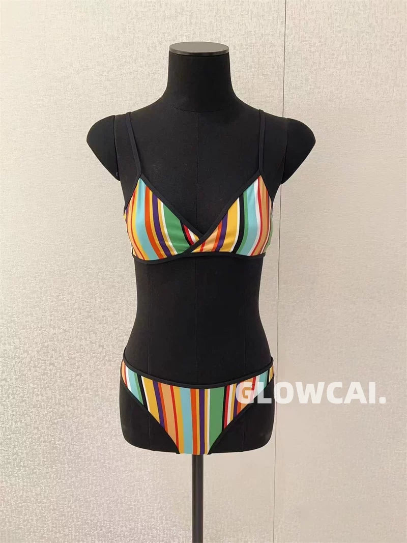 Spring and summer 26ss June 26M beach series resort wind stripe color letter print bow one-piece/two-piece swimsuit bikini