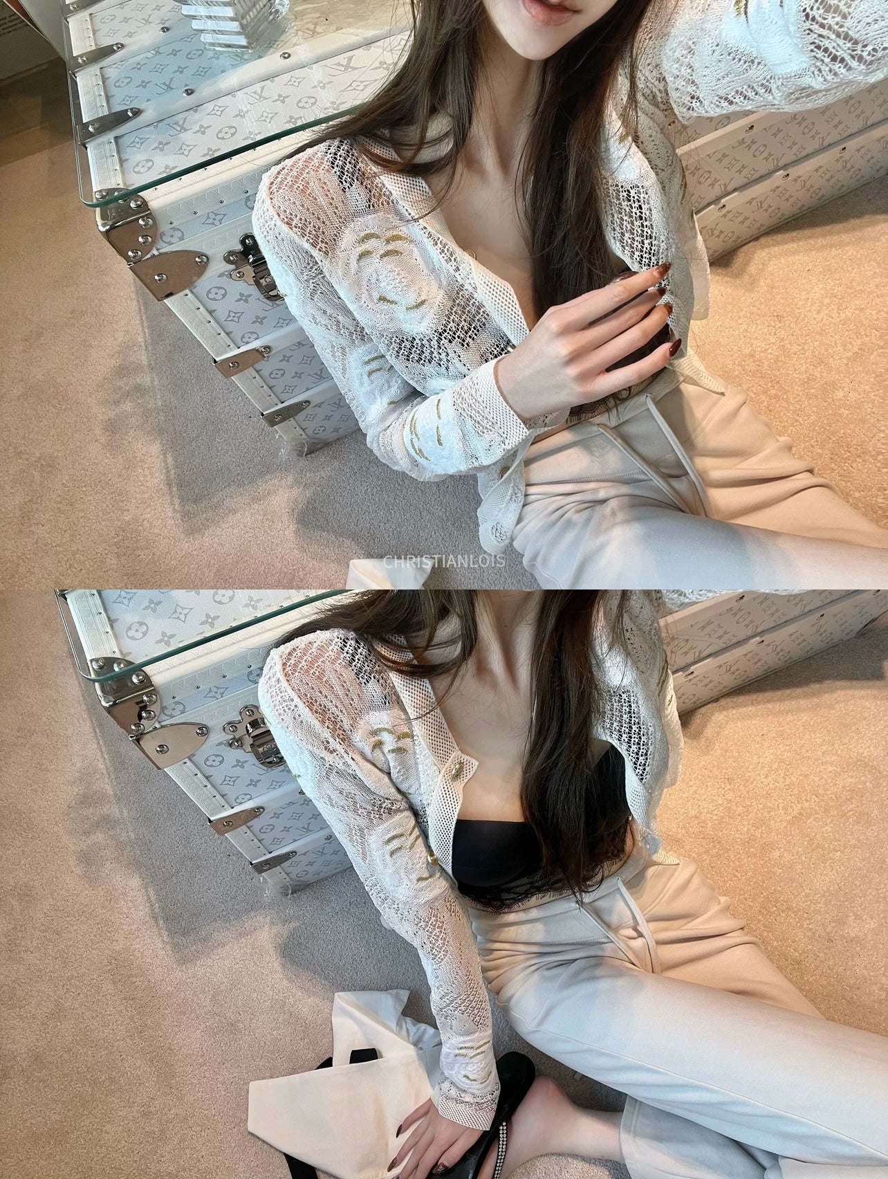 Spring and summer 26ss June CHRIS lace hollow coat, camellia lace cardigan, spring and summer temperament knitted sweater