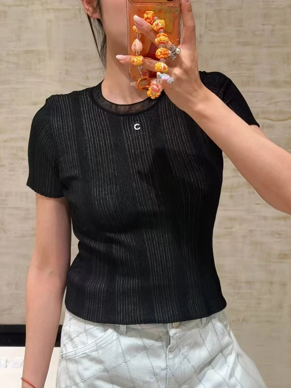Spring and summer 26ss June, Nanyou haute couture 26M summer new vertical pit strip crew neck high elastic top short sleeve versatile slim knitted sweater women