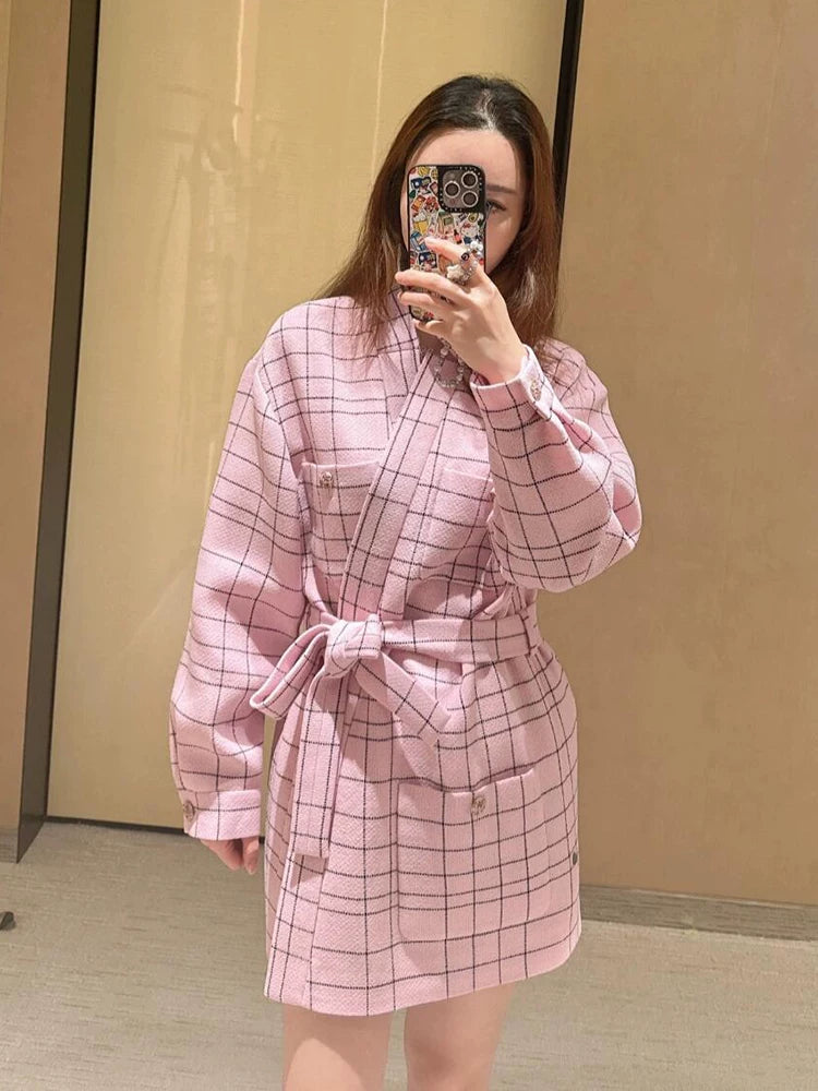 24 new coat women's bathrobe-style lace-up jacket top medium and long pink plaid socialite women's clothing