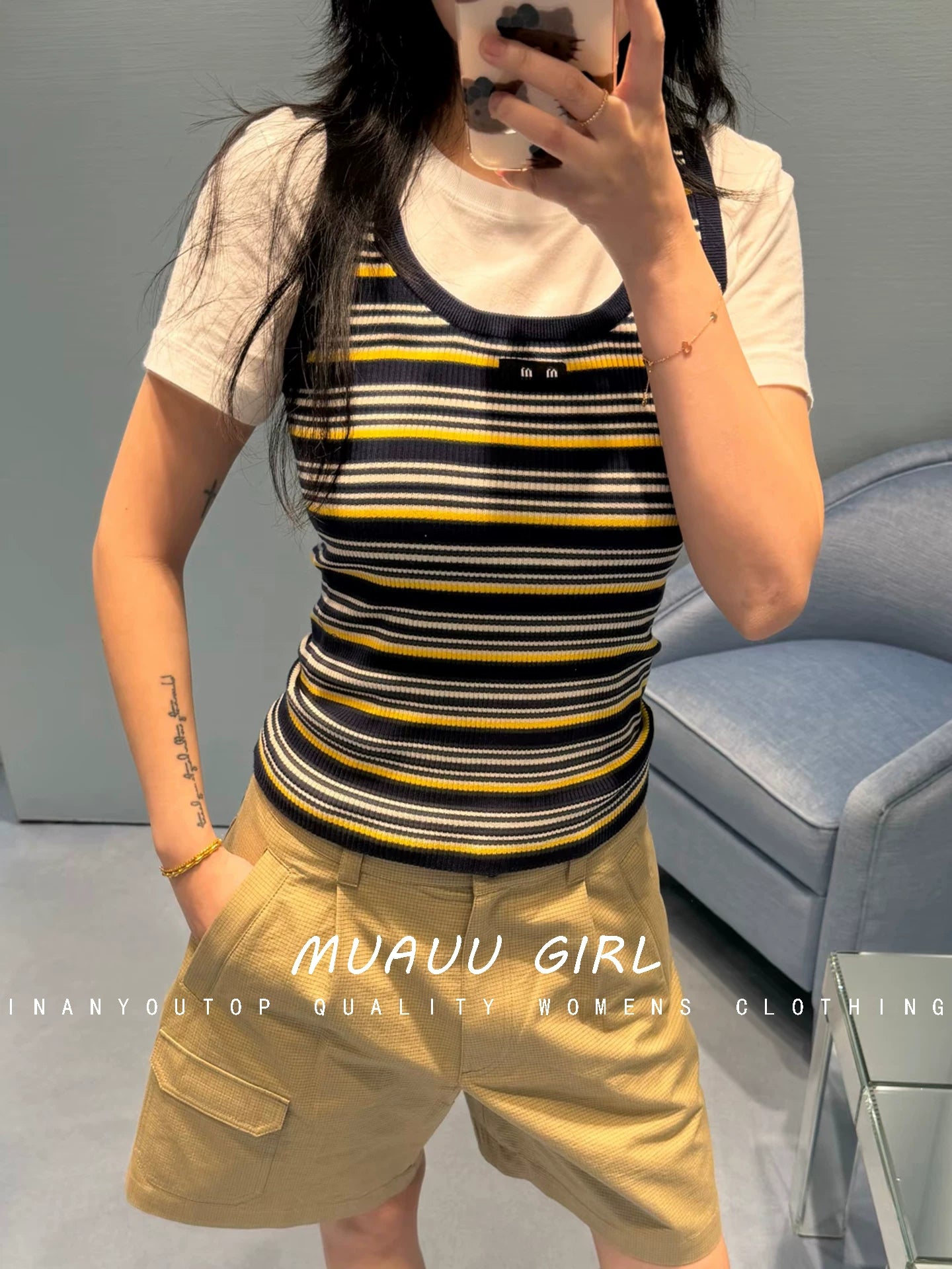 Spring/Summer 26ss June MUAUU GIRL Summer Story! 26SS Alphabet Patch Contrast Color Striped Slim-Fit U-Neck Knitted Vest Top