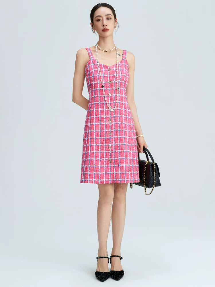 Pink and blue plaid tweed suspender dress women's single-breasted celebrity temperament V-neck slim-fitting A-word mid-skirt