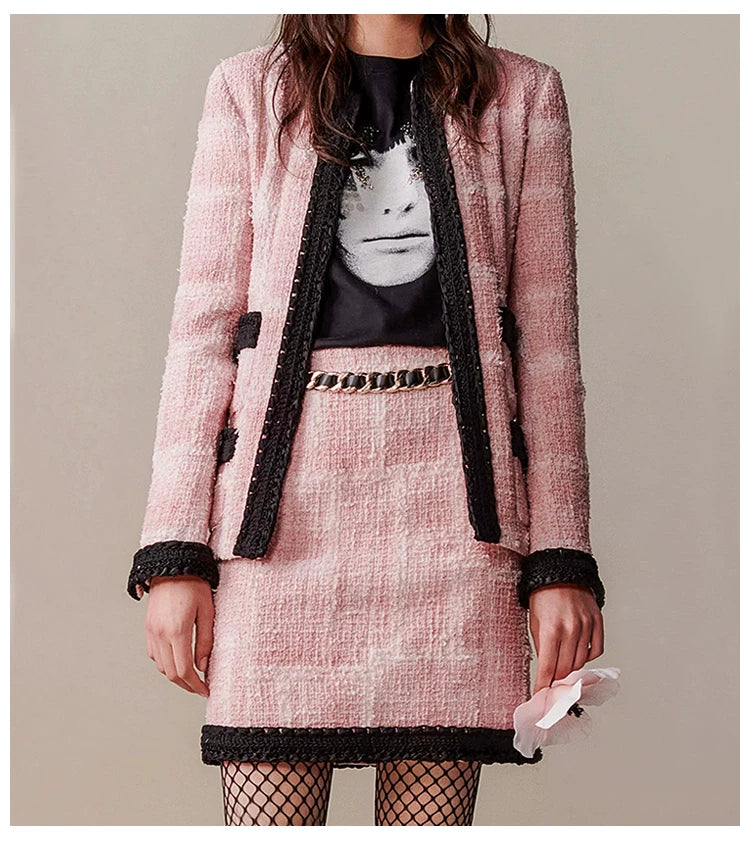 25 short coat and skirt women's new two-piece set vacation series pink tweed splicing spring and autumn set