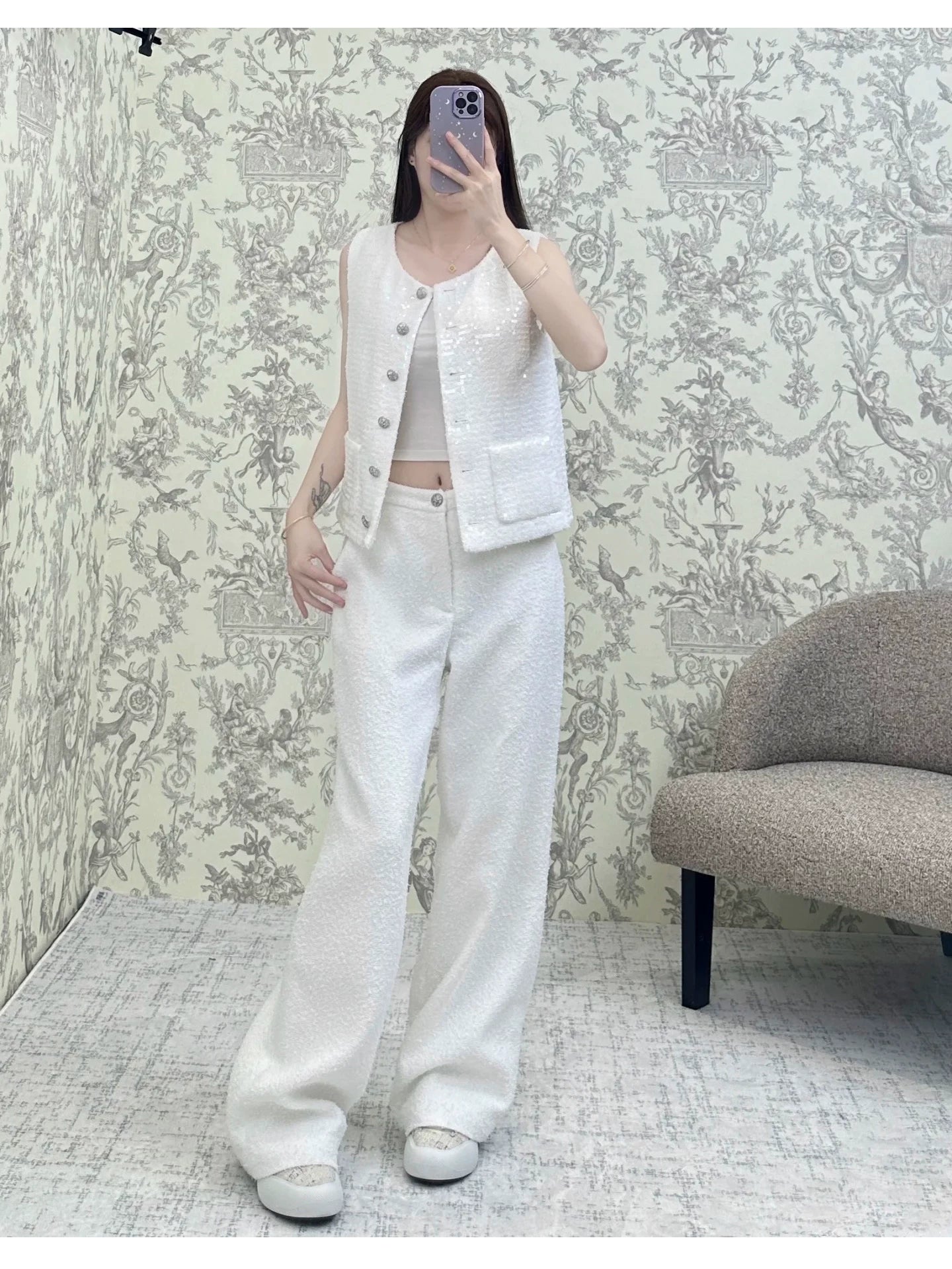 Tank top, thin sequined vest, fashionable foreign style fashion suit, summer straight wide-leg pants, a versatile set of femininity