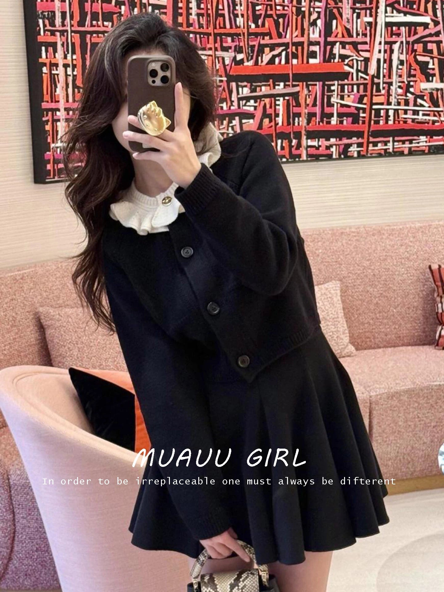 Spring and summer 26ss MUAUU GIRL commuting in June, extravagant sense 26SS new product collar edge lace lotus leaf collar long-sleeved sweater knitted cardigan