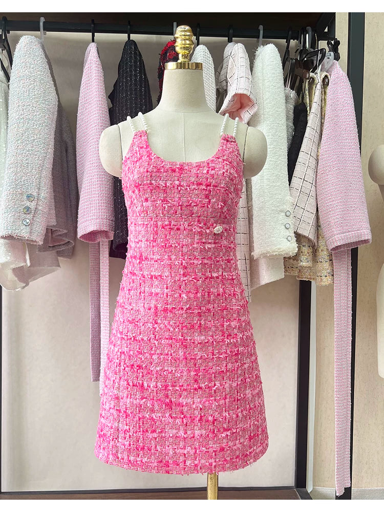 High-end dress women's pearl suspenders pink waist and thin daughter French style celebrity sexy skirt
