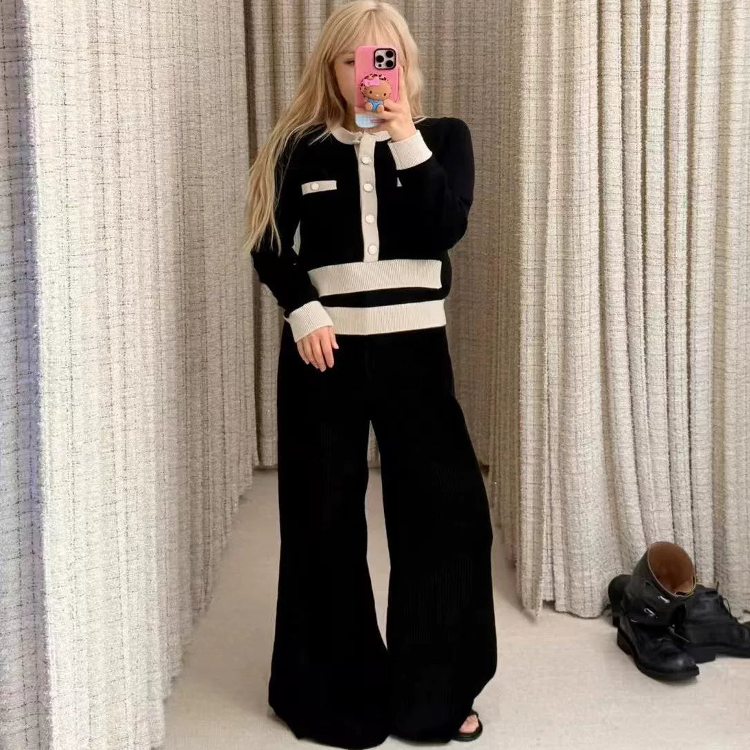 2025 letter bow buckle round neck long-sleeved fake two-piece knitted sweater + skirt + elastic waist pants two-piece set