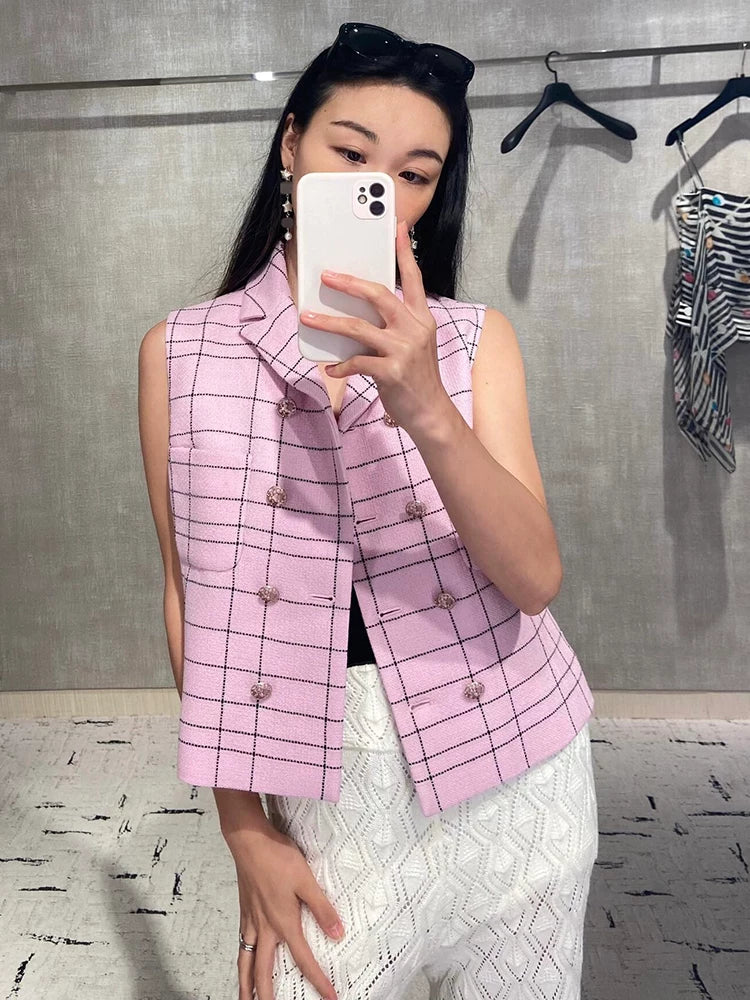 Jacket Women's Spring and Summer Thin Wool Commuter Suit Collar Double-breasted Plaid Vest Celebrity Temperament Sleeveless Vest