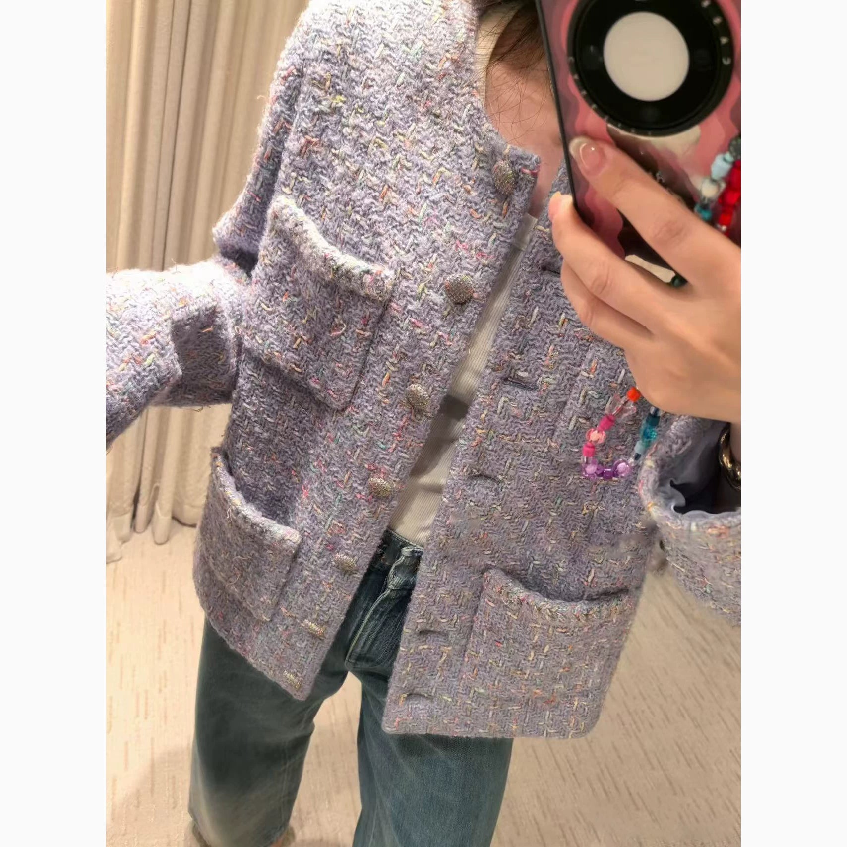 2025 autumn and winter purple letter color versatile double pocket crew neck woven wool tweed medium and long coat women