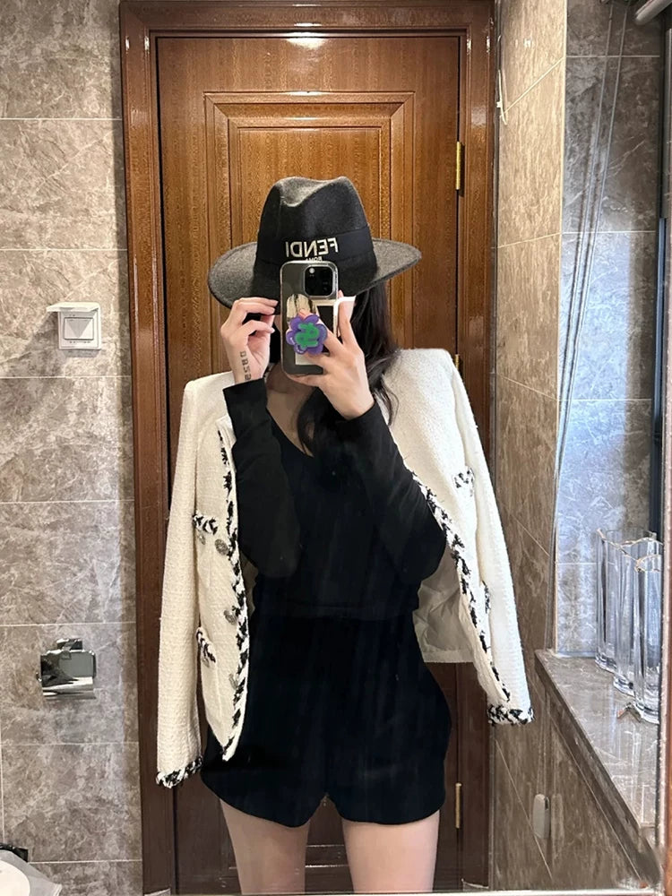 Delicate small trimmed jacket women's short celebrity high-end tweed versatile beige top