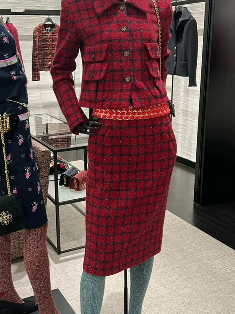 Red plaid set women's coat skirt 25 autumn and winter new wool thickened coarse tweed two-piece set