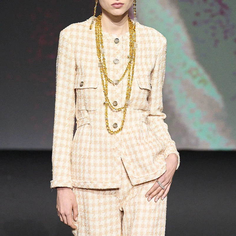 New plaid jacket straight-leg pants celebrity style high-end wool tweed suit two-piece set