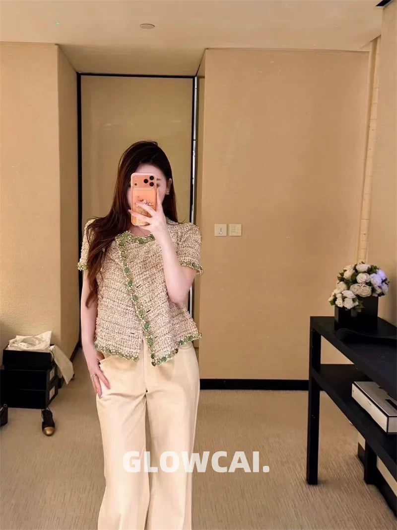 Spring and summer 26ss June 26c Fragrant wind vacation series daughter heavy industry rice gold tweed green bead short-sleeved crew neck jacket top