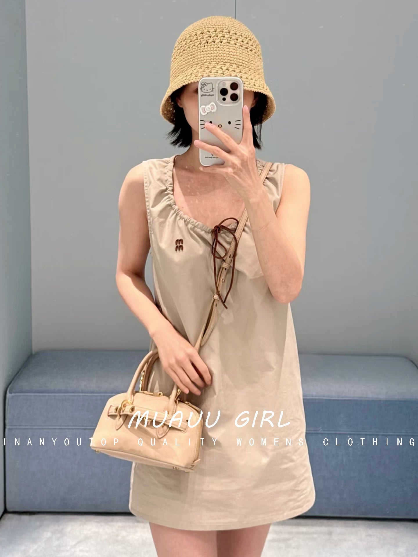 Spring and summer 26ss June MUAUU GIRL pure and lovely! 26S new letter embroidered drawstring lace-up vest + short skirt + dress