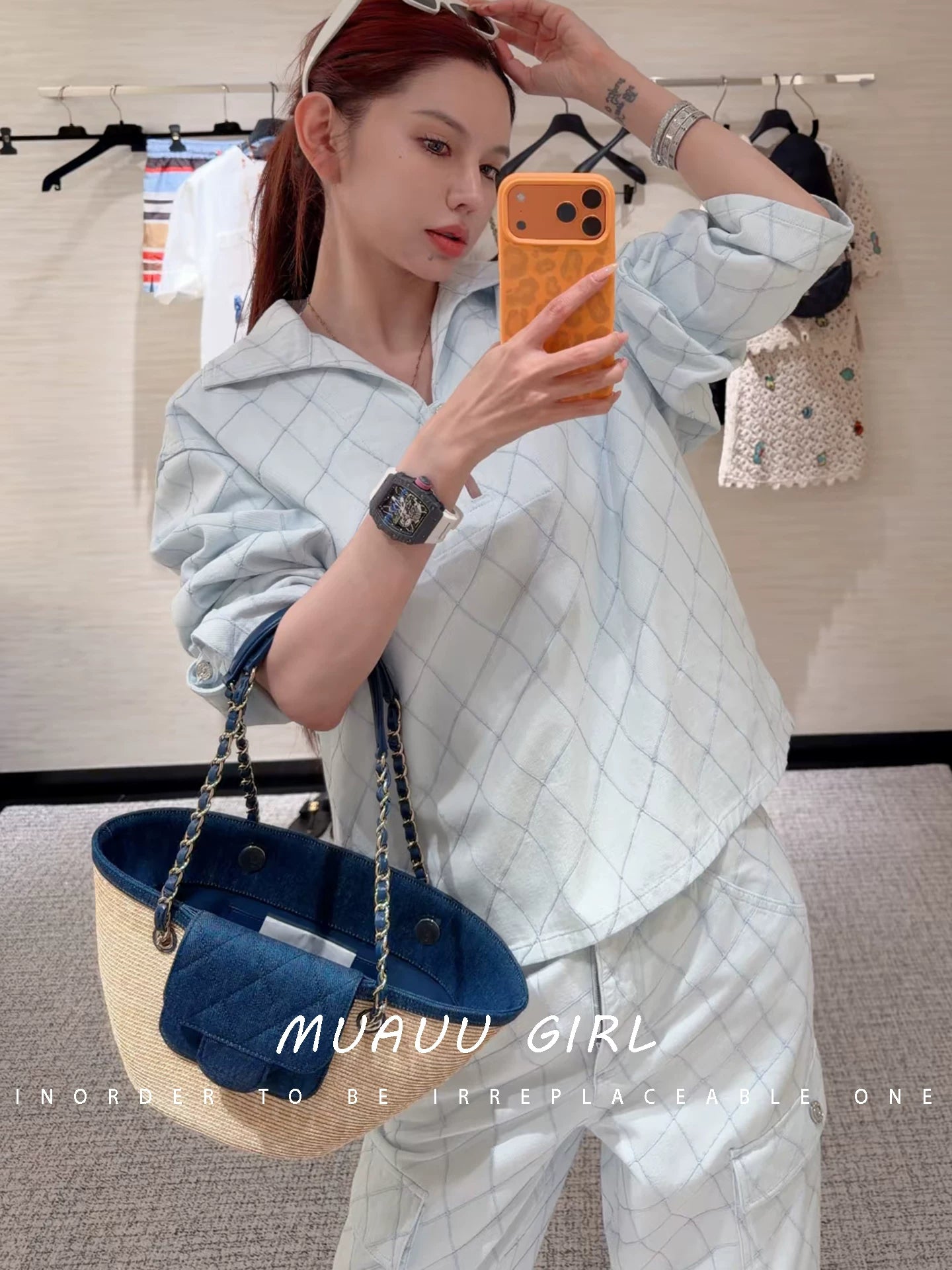 Spring/summer 26ss June MUAUU GIRL vacation collection! 26SS rhombus denim jacket/trousers/shorts/dress