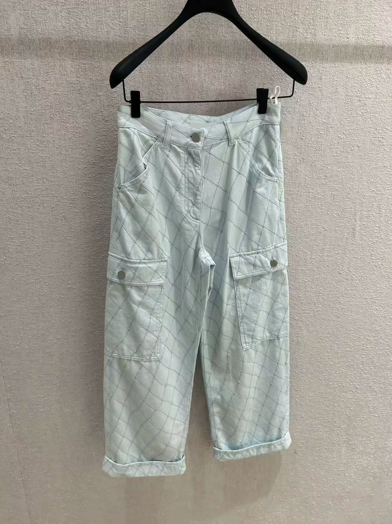 Spring, summer 26ss June, Nanyou summer new island beach embroidered rhombus lapel denim jacket + suspender skirt + trousers + shorts