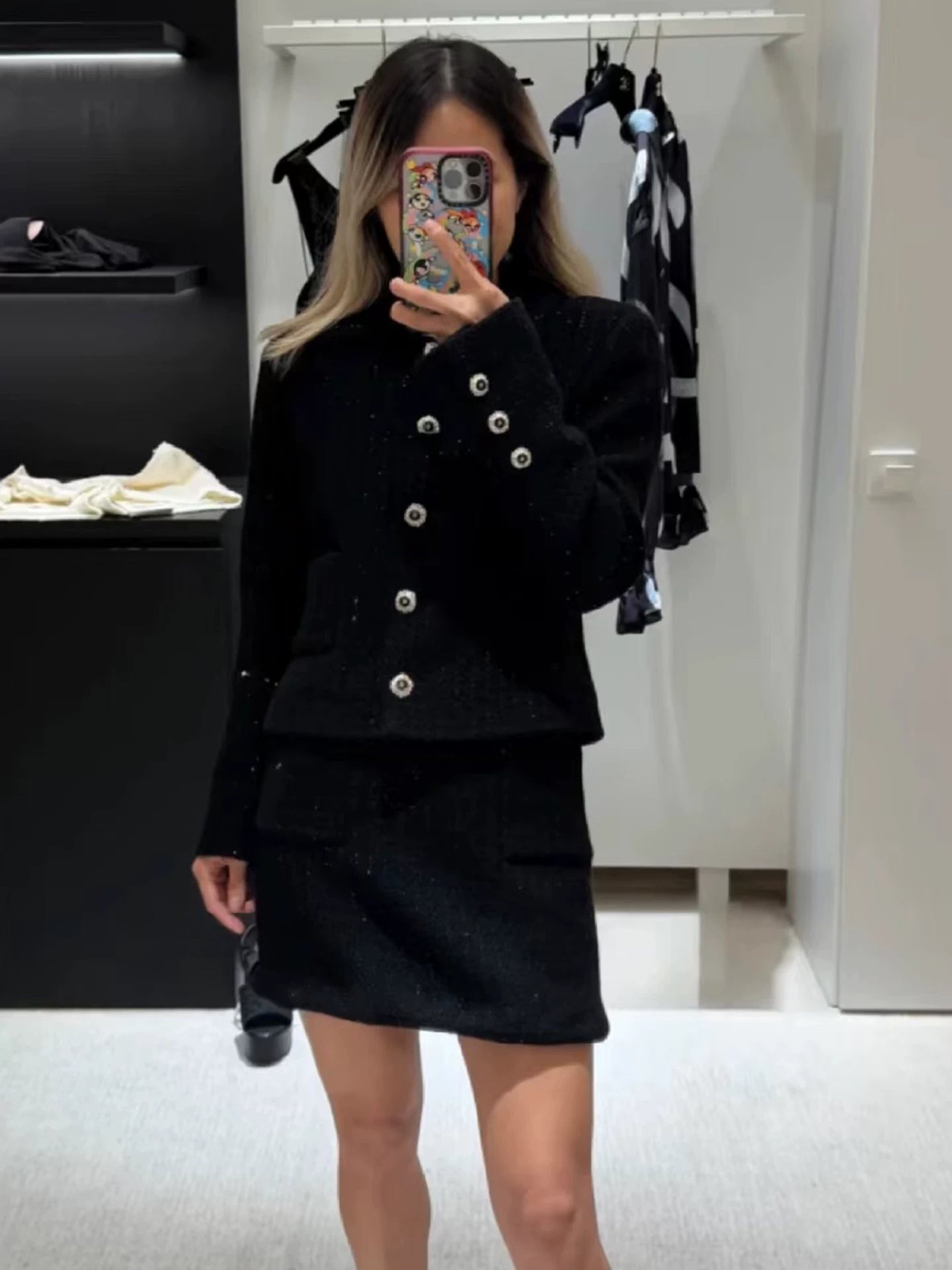 Light luxury black sequined suit women's wool tweed jacket skirt two-piece set celebrity elegance