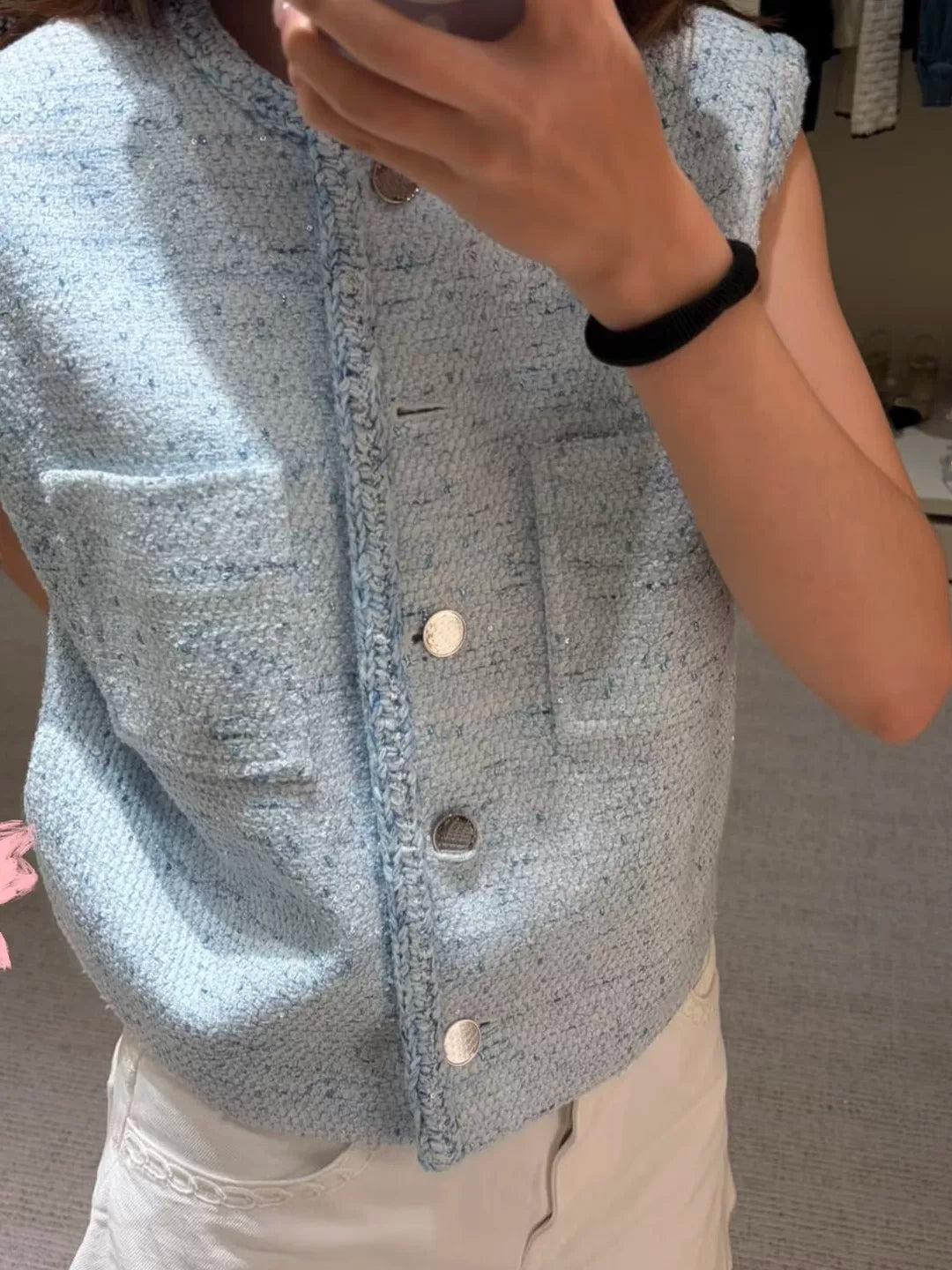 Spring and summer 26ss June, Nanyou 2026 spring and summer new tweed vest button decoration age-reducing senior temperament versatile sleeveless jacket