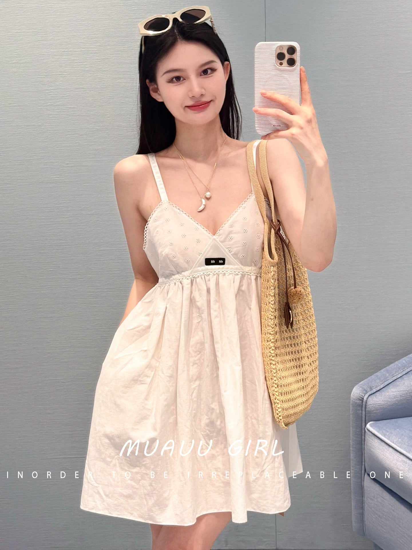 Spring and summer 26ss June MUAUU GIRL film fairy! 26SS girly poplin crochet hollow embroidery suspender dress woman