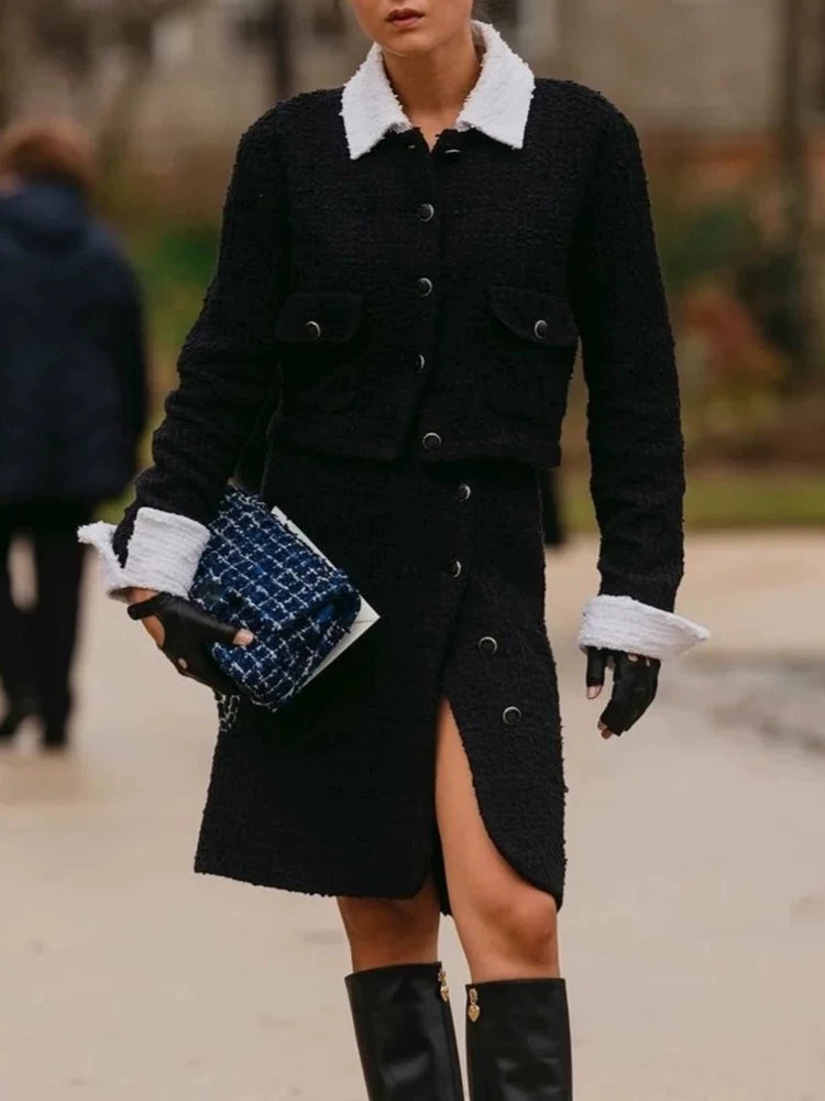 Fake two small fragrant coats female chic socialite new black and white contrasting color long-sleeved wool early autumn tweed short top