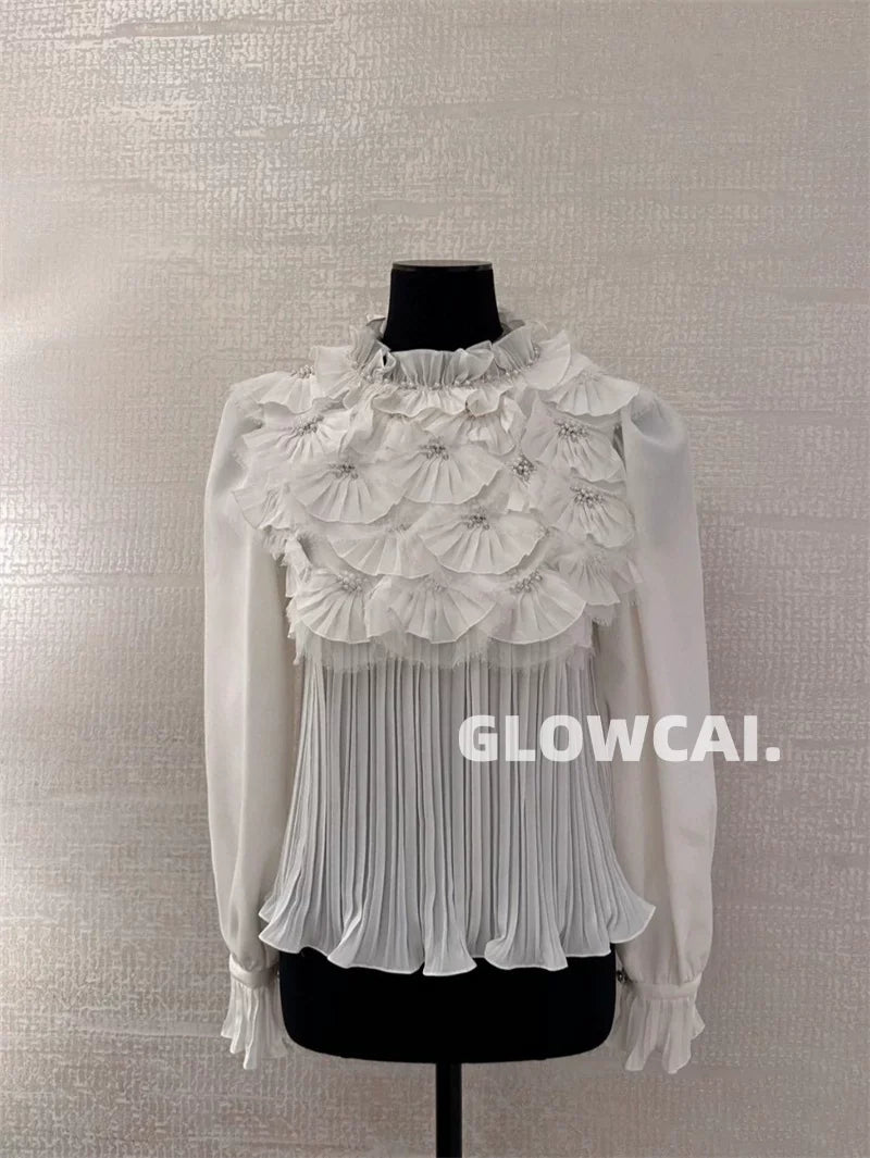Spring and summer 26ss June 26 Spring and summer mulberry silk pearl embellished lace handmade workshop series heavy industry pleated three-dimensional fan design shirt
