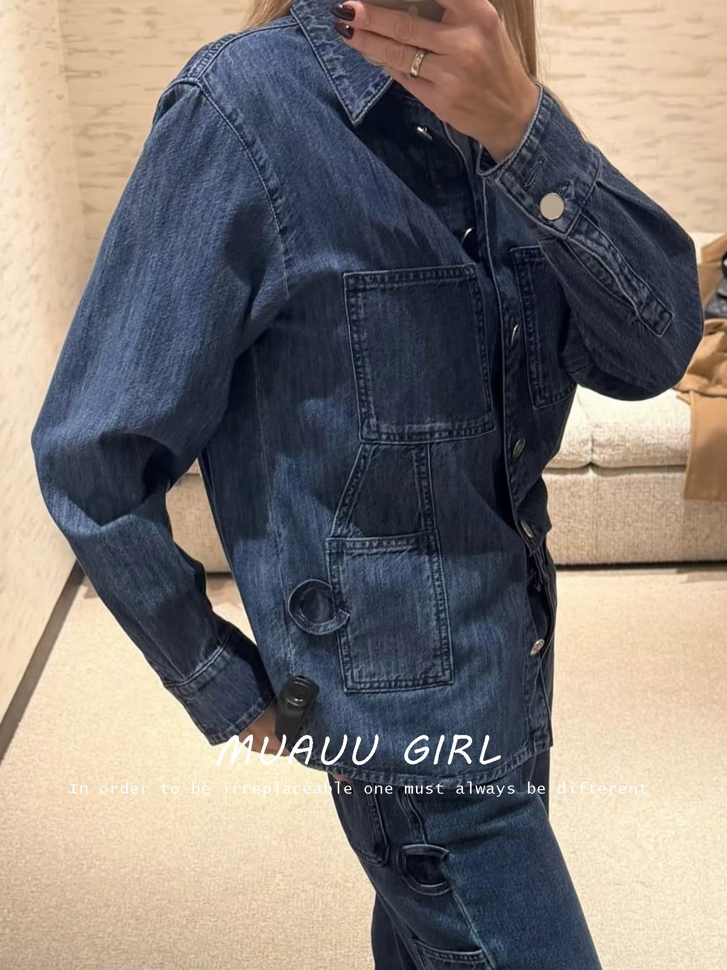 Spring and summer 26ss June MUAUU GIRL 3.25/star with the same 26S heavy original beef washed summer tooling shirt denim jacket