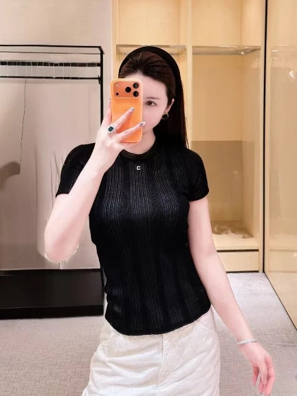 Spring and summer 26ss June, Nanyou haute couture 26M summer new vertical pit strip crew neck high elastic top short sleeve versatile slim knitted sweater women
