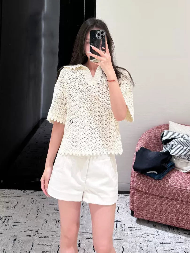 Spring and summer 26ss June, Nanyou 2026 spring and summer new solid color simple lapel hollow short sleeve loose simple versatile knitted sweater top