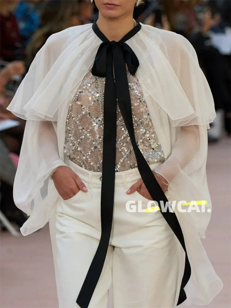 Spring and summer 26ss June, mulberry silk~ 25s spring and summer white moonlight fairy white bow strap shawl cape shirt temperament top