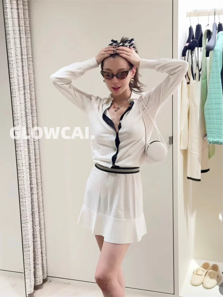 Spring and summer 26ss June 26s fragrant spring and summer simple temperament white polo collar lapel long-sleeved knitted sweater + skirt umbrella skirt two-piece set