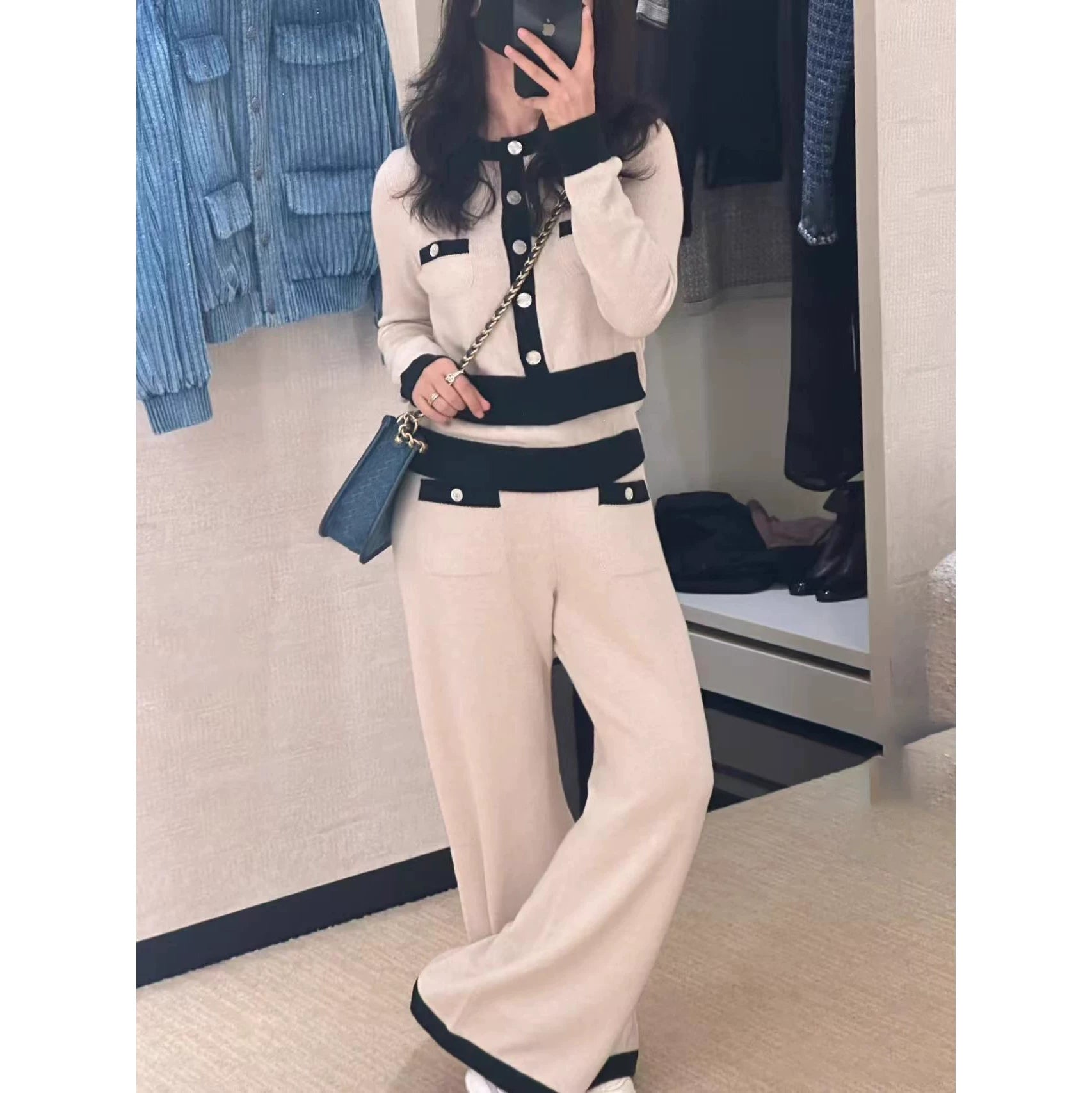 2025 letter bow buckle round neck long-sleeved fake two-piece knitted sweater + skirt + elastic waist pants two-piece set