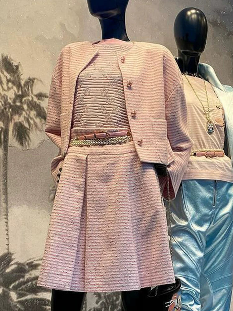Suit: Women's fashion cropped coat, socialite, sweet light pink striped skirt, versatile thin two-piece set
