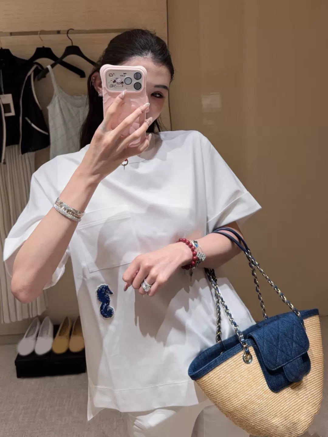 Spring and summer 26ss June, Nanyou 2026 spring and summer new hippocampus embroidery pocket design loose round neck casual soft T-shirt short-sleeved top