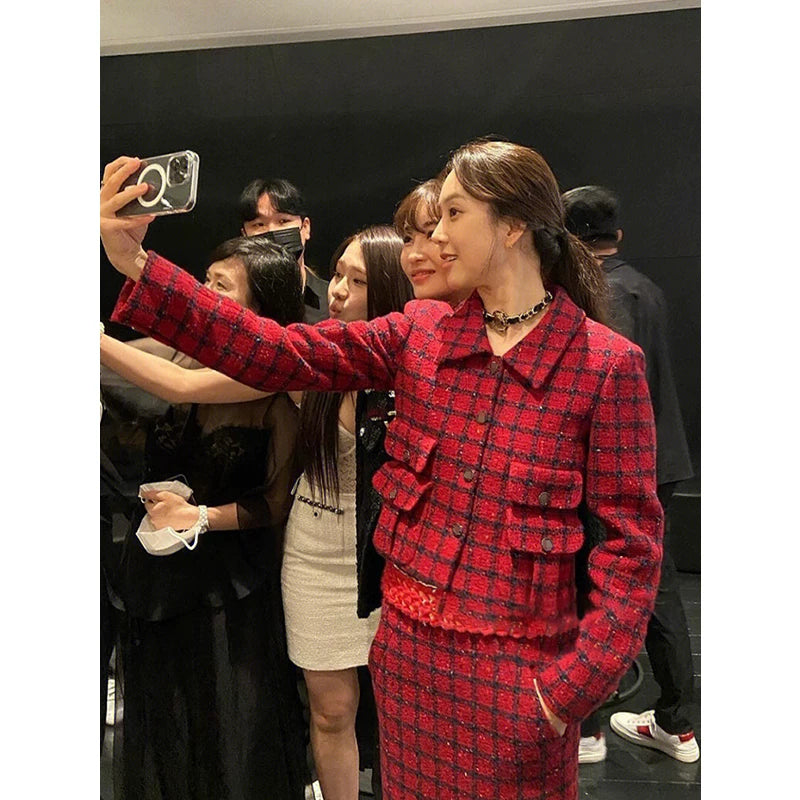 Red plaid set women's coat skirt 25 autumn and winter new wool thickened coarse tweed two-piece set