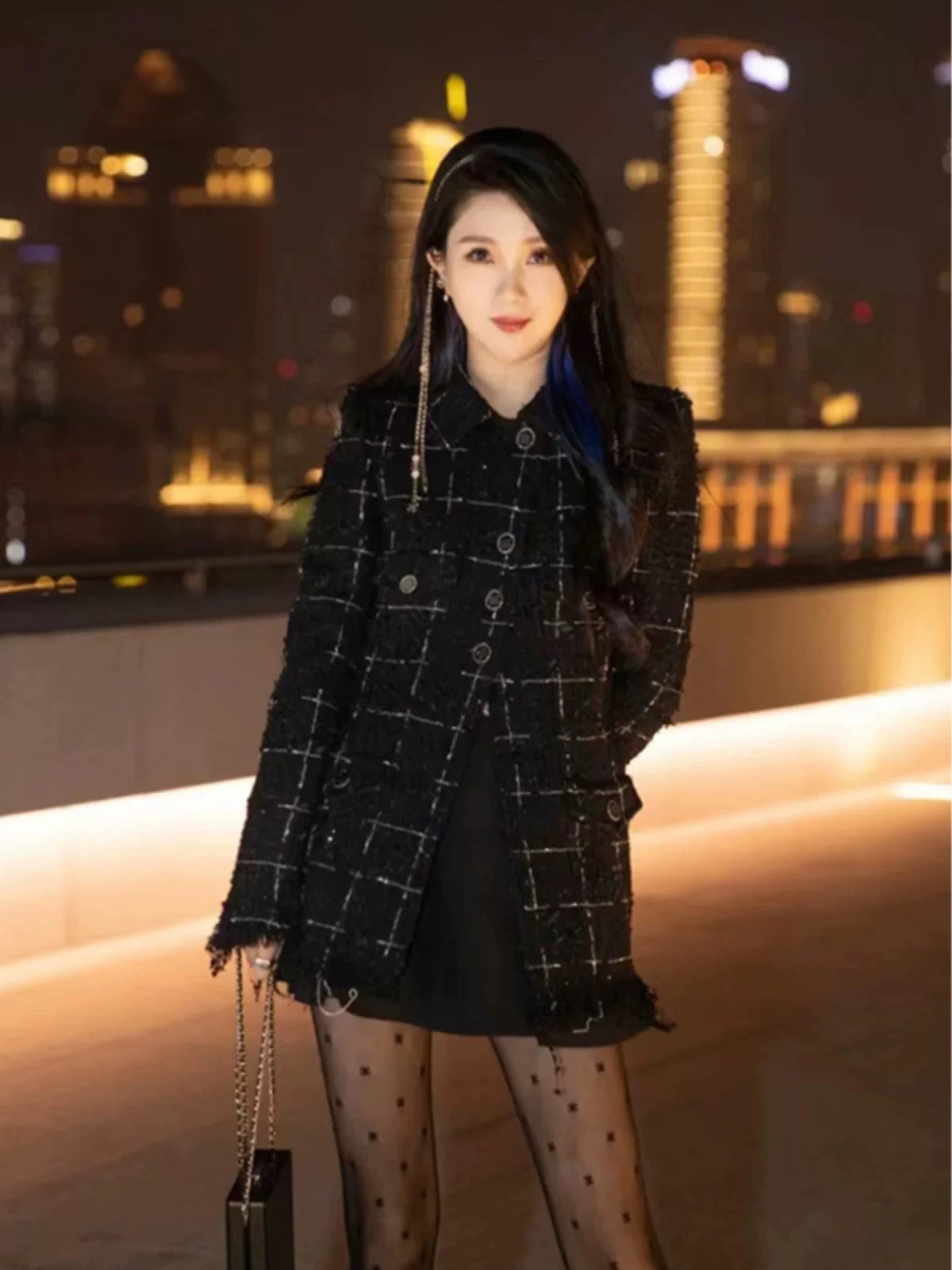 Tassel Xiaoxiang Jacket Women's 2025 Spring and Autumn New Black High-end Plaid Weaving Medium and Long Tweed Top