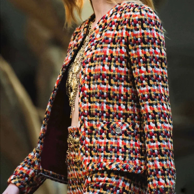 25 autumn and winter new celebrity temperament suit jacket wide-leg pants women's bell pants soft tweed color weaving