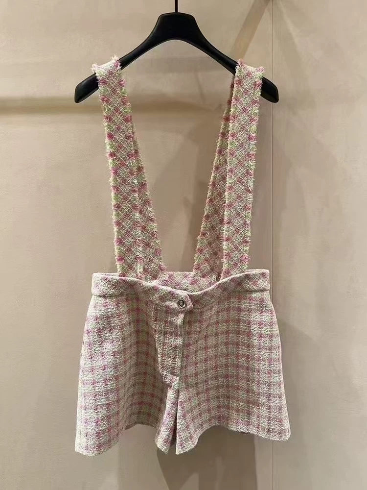 Summer new celebrity suit overalls shorts shirt pink grid wool tweed temperament two-piece women's clothing