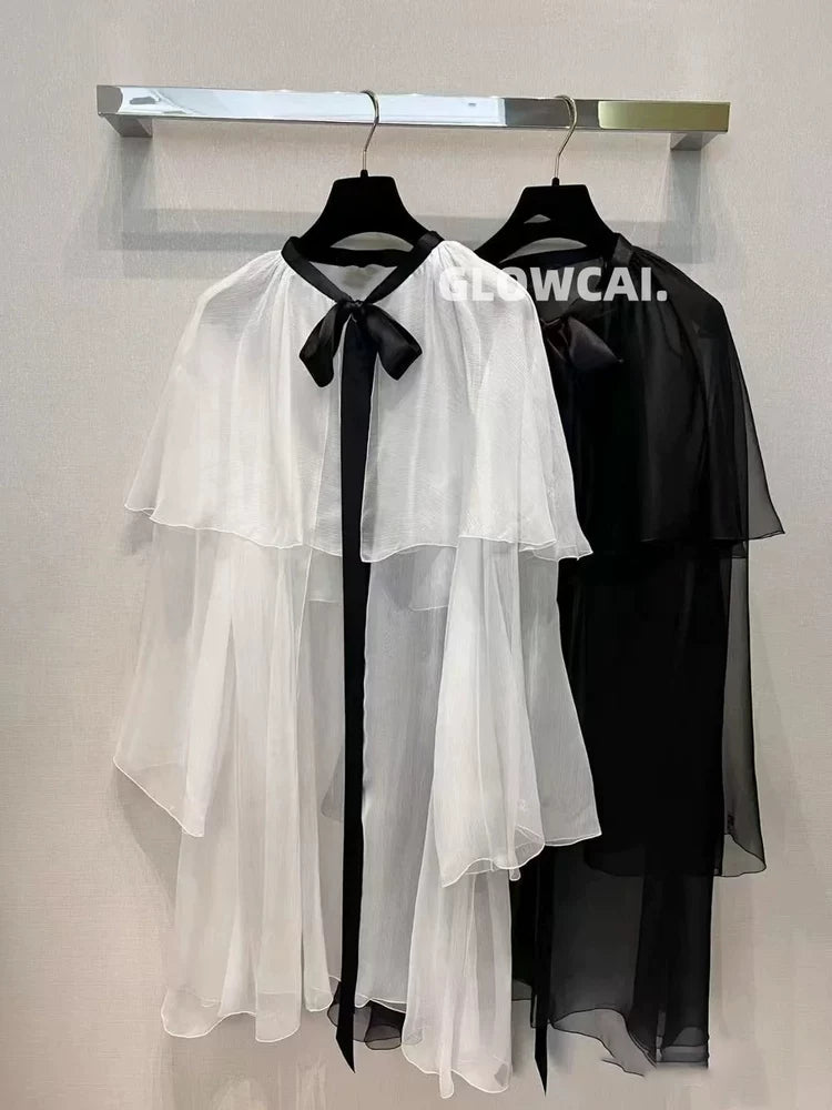 Spring and summer 26ss June, mulberry silk~ 25s spring and summer white moonlight fairy white bow strap shawl cape shirt temperament top