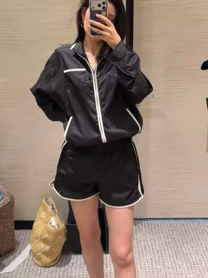 Spring and summer 26ss June, Nanyou 2026 spring and summer new beach sunscreen jacket white edge contrasting color stand-up collar zipper jacket ++ shorts + vest