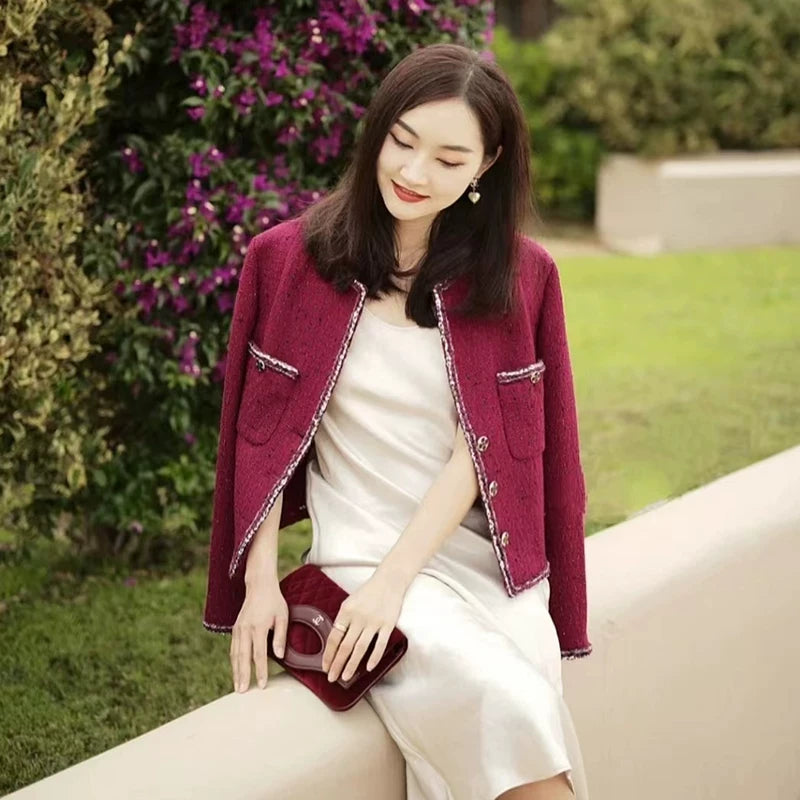 Burgundy plaid short coat women's spring and autumn Christmas and New Year coarse flower padded wool woven top