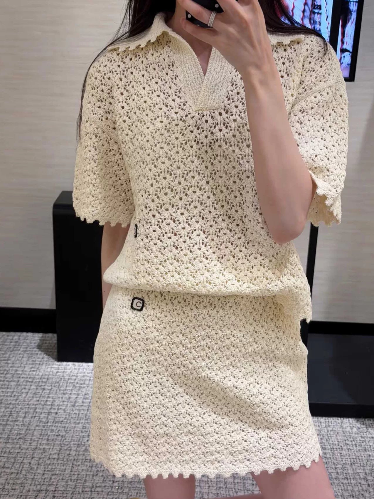 Spring and summer 26ss June, Nanyou 2026 spring and summer new solid color simple lapel hollow short sleeve loose simple versatile knitted sweater top