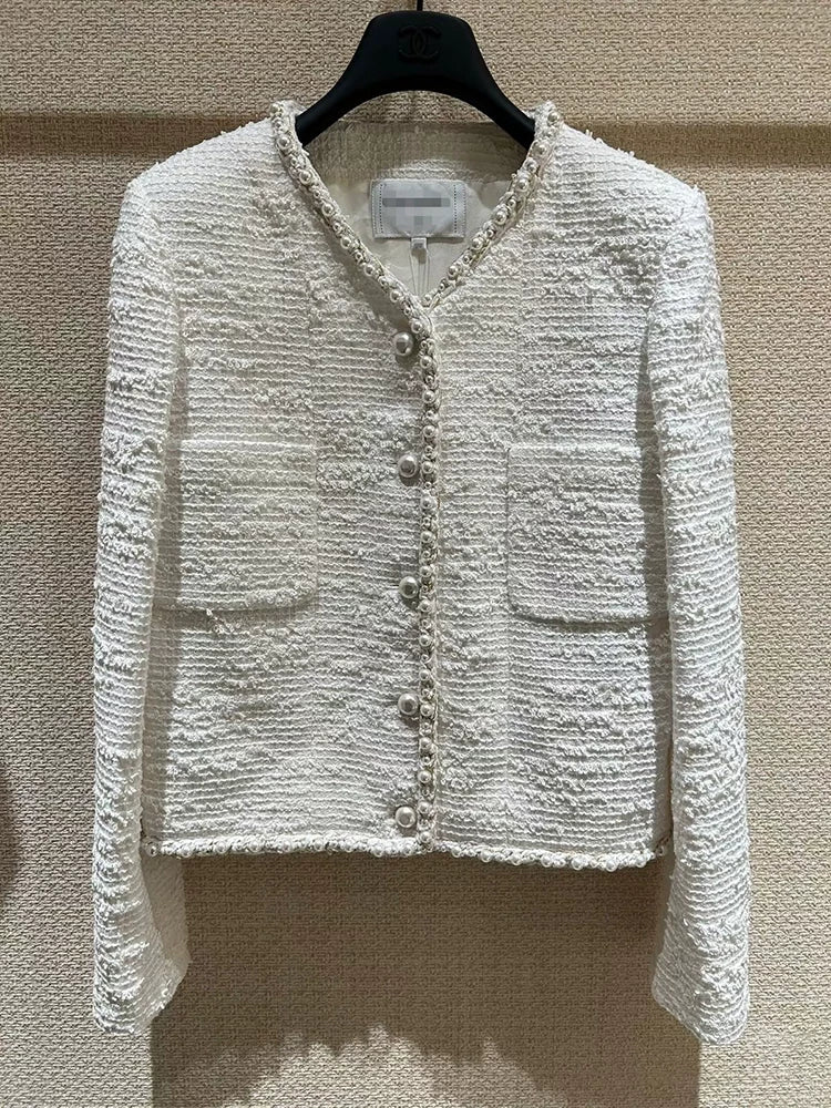 25 spring and summer pearl tweed coat femininity versatile celebrity short top haute couture women's clothing