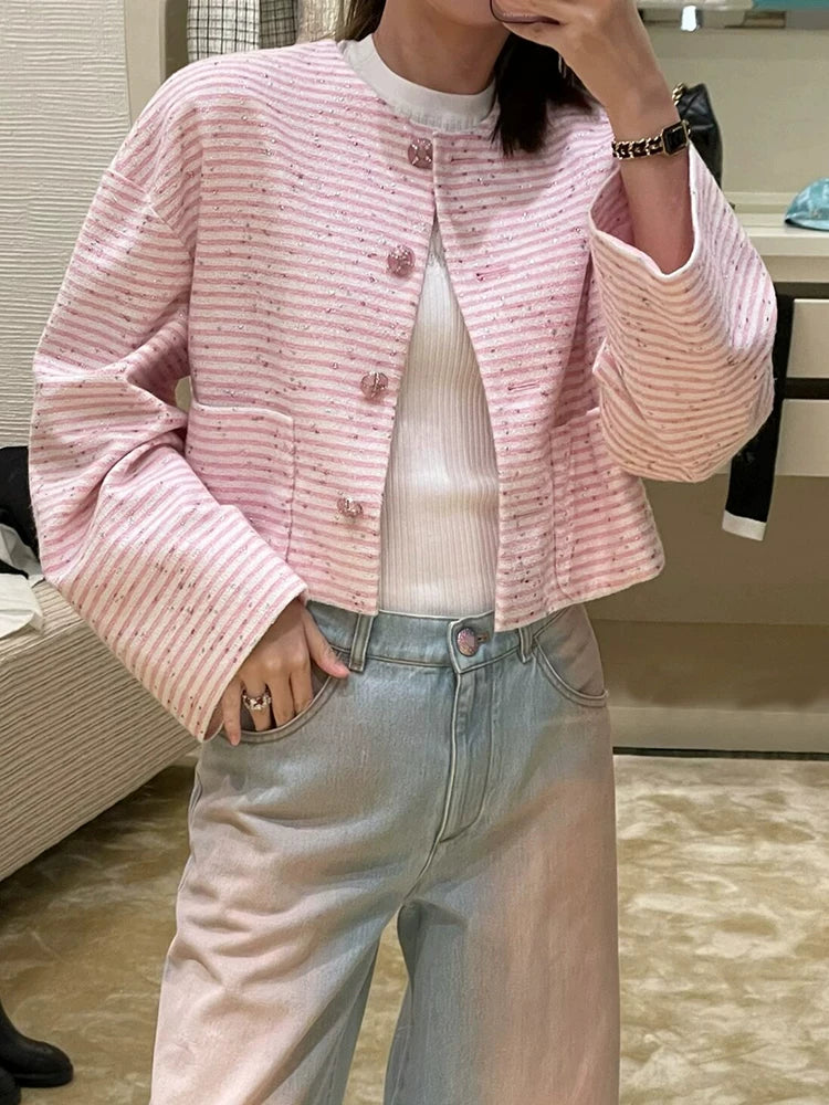 Suit: Women's fashion cropped coat, socialite, sweet light pink striped skirt, versatile thin two-piece set