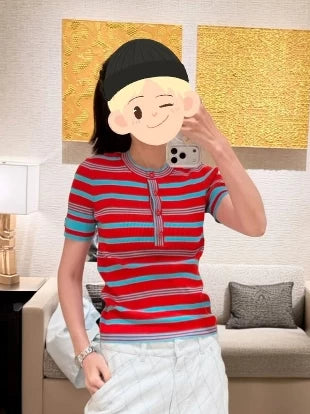 Spring and summer 26ss June, Shenzhen Nanyou haute couture 26M summer beach striped contrasting color short-sleeved knitted sweater top + elastic waist skirt