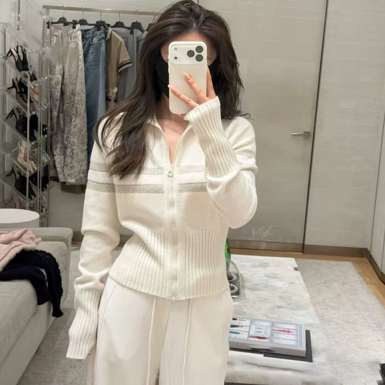 2025 autumn and winter ski series black zipper cashmere letter embroidered five-pointed star slim-fit knitted cardigan jacket women