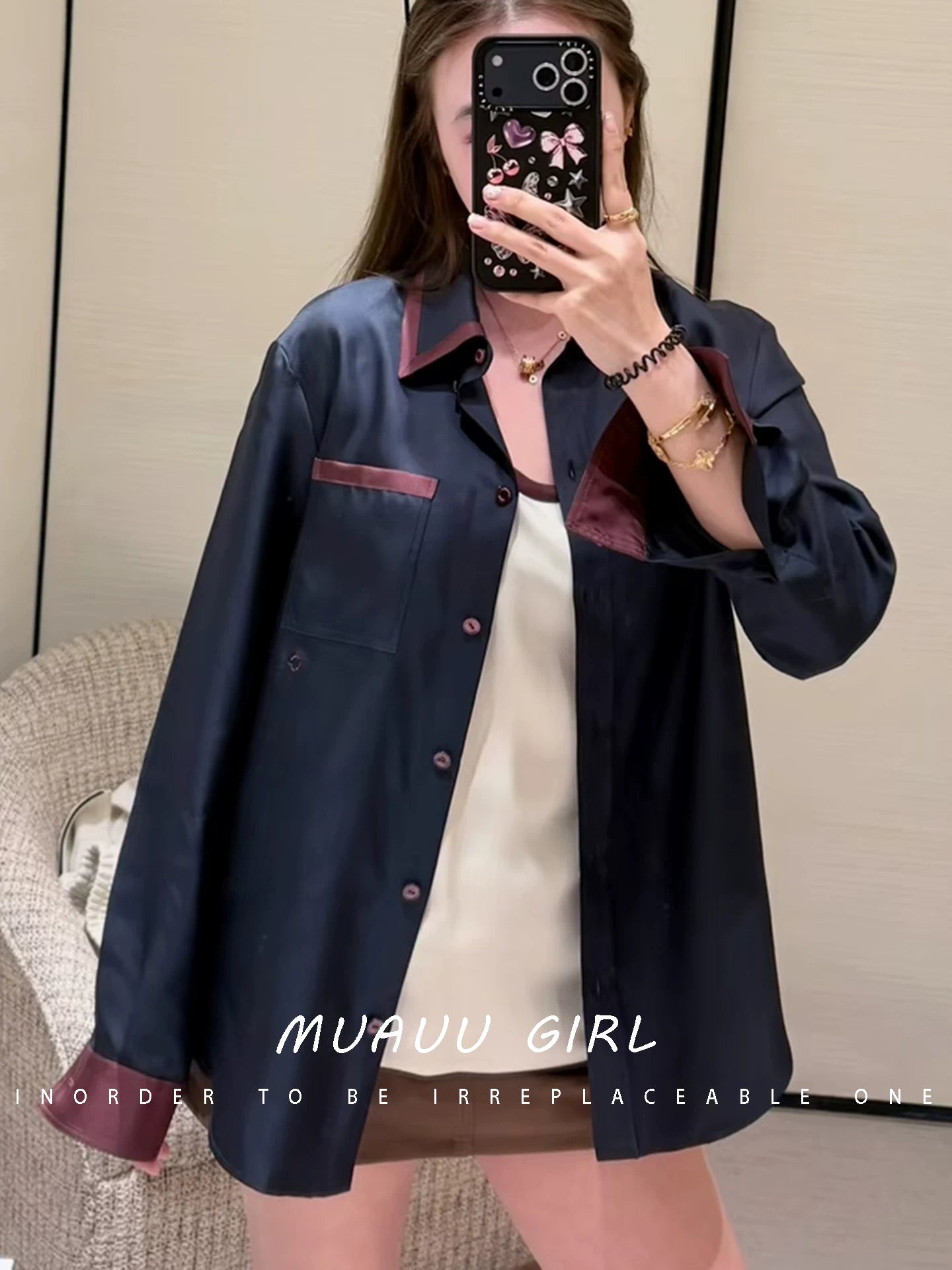 Spring and summer 26ss June MUAUU GIRL Senior Sister Gao Zhi! 26SS commuter style retro contrasting color lapel pocket long-sleeved shirt/vest