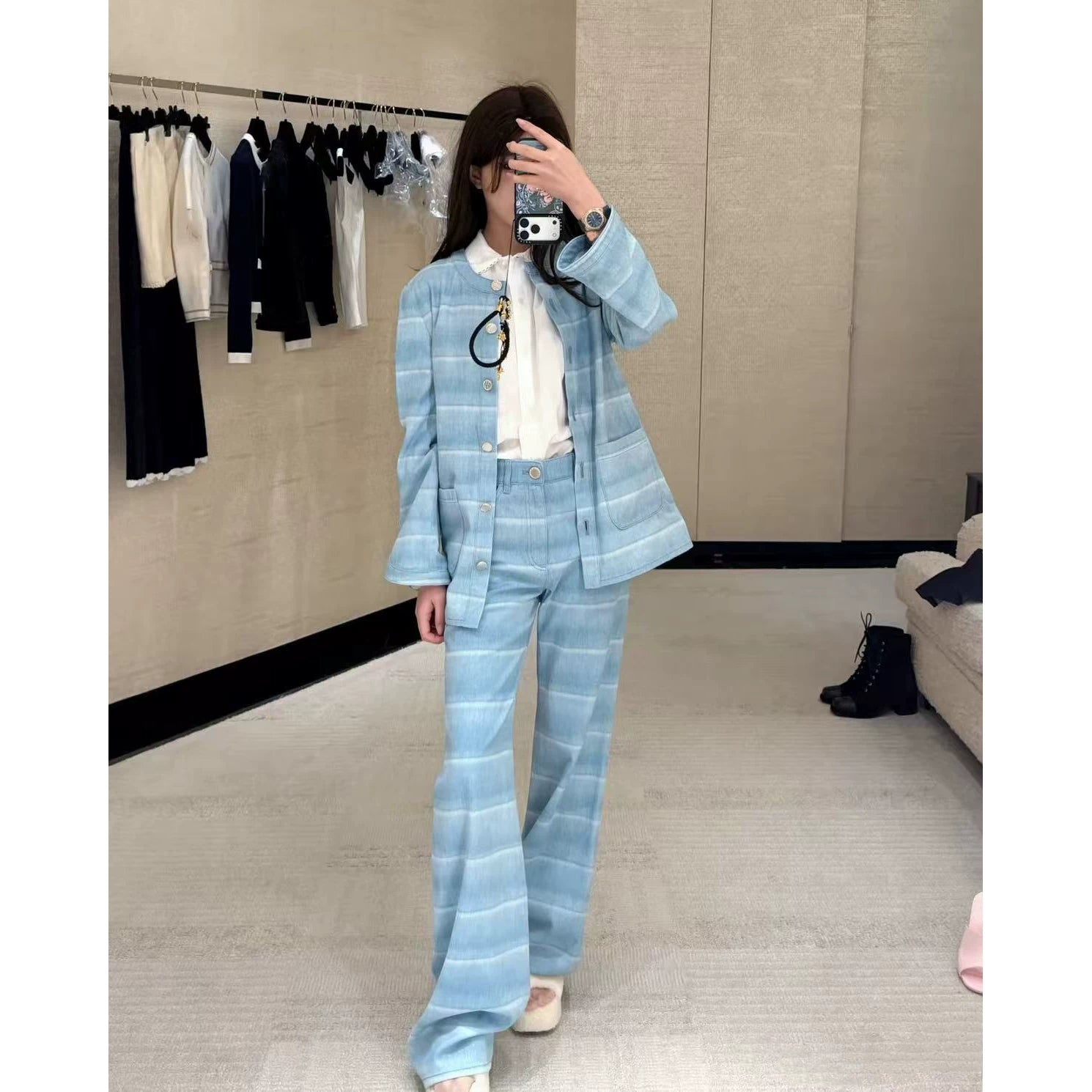 2025 autumn and winter fashion foreign style washed blue and white striped single-breasted cardigan jacket high waist straight wide-leg pants
