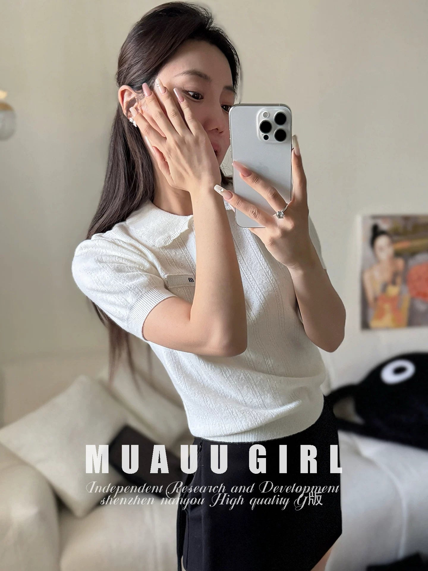 Spring/Summer 26ss June MUAUU GIRL 1-12 "Top Matching Edition~ Gentle White Moonlight" 26s White Doll Collar Short Sleeve Knitted Sweater Women