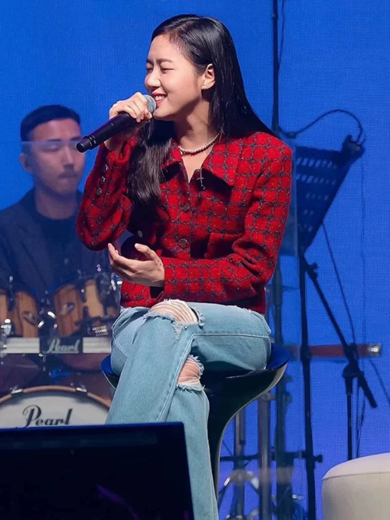 Red plaid set women's coat skirt 25 autumn and winter new wool thickened coarse tweed two-piece set