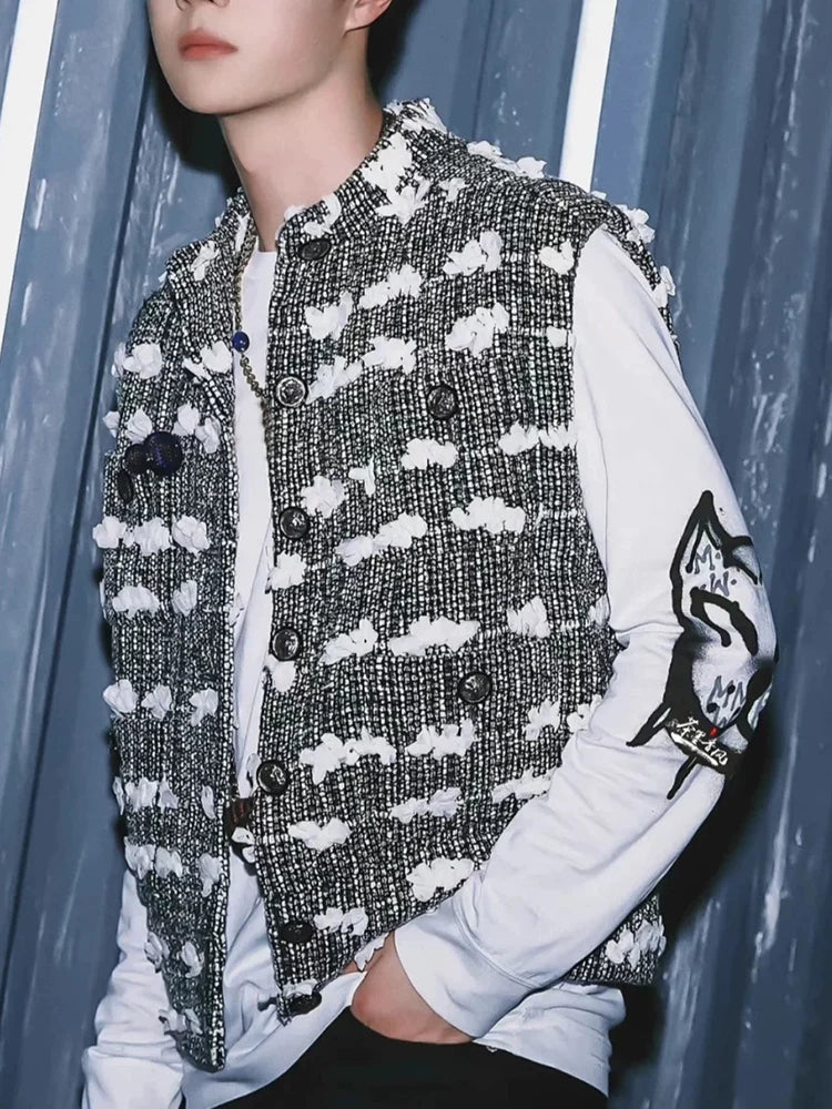 Spring and summer new vest women's high-end wool woven three-dimensional flower tweed stand-up collar sleeveless coat